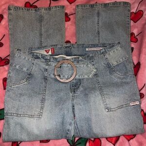 VINTAGE Guess Jeans Light Wash Flare Jeans w/ Belt y2k hip huggers Sz 29 Short